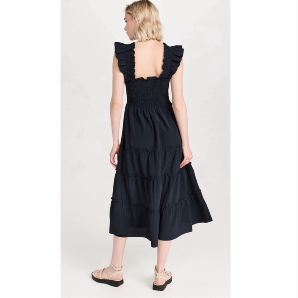 Hill House Ellie Nap Dress Smocked Ruffle Midi 100% Cotton Black Sz Small - Picture 2 of 11